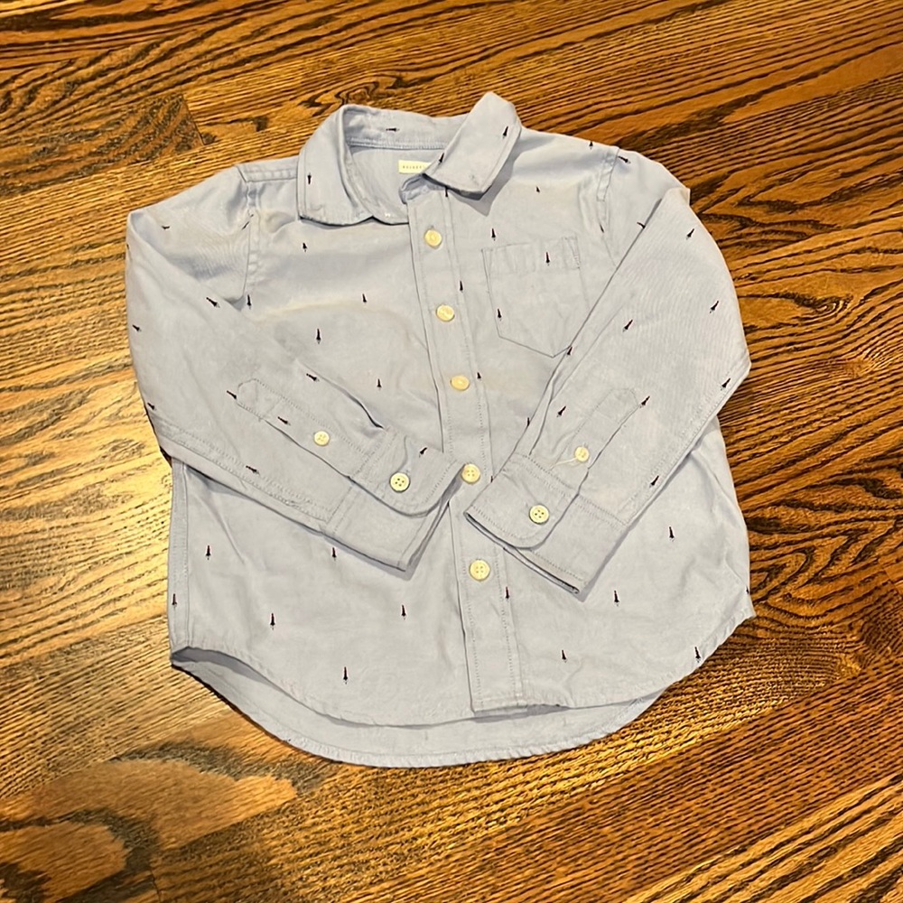 Rocket print button down chambray long sleeve shirt